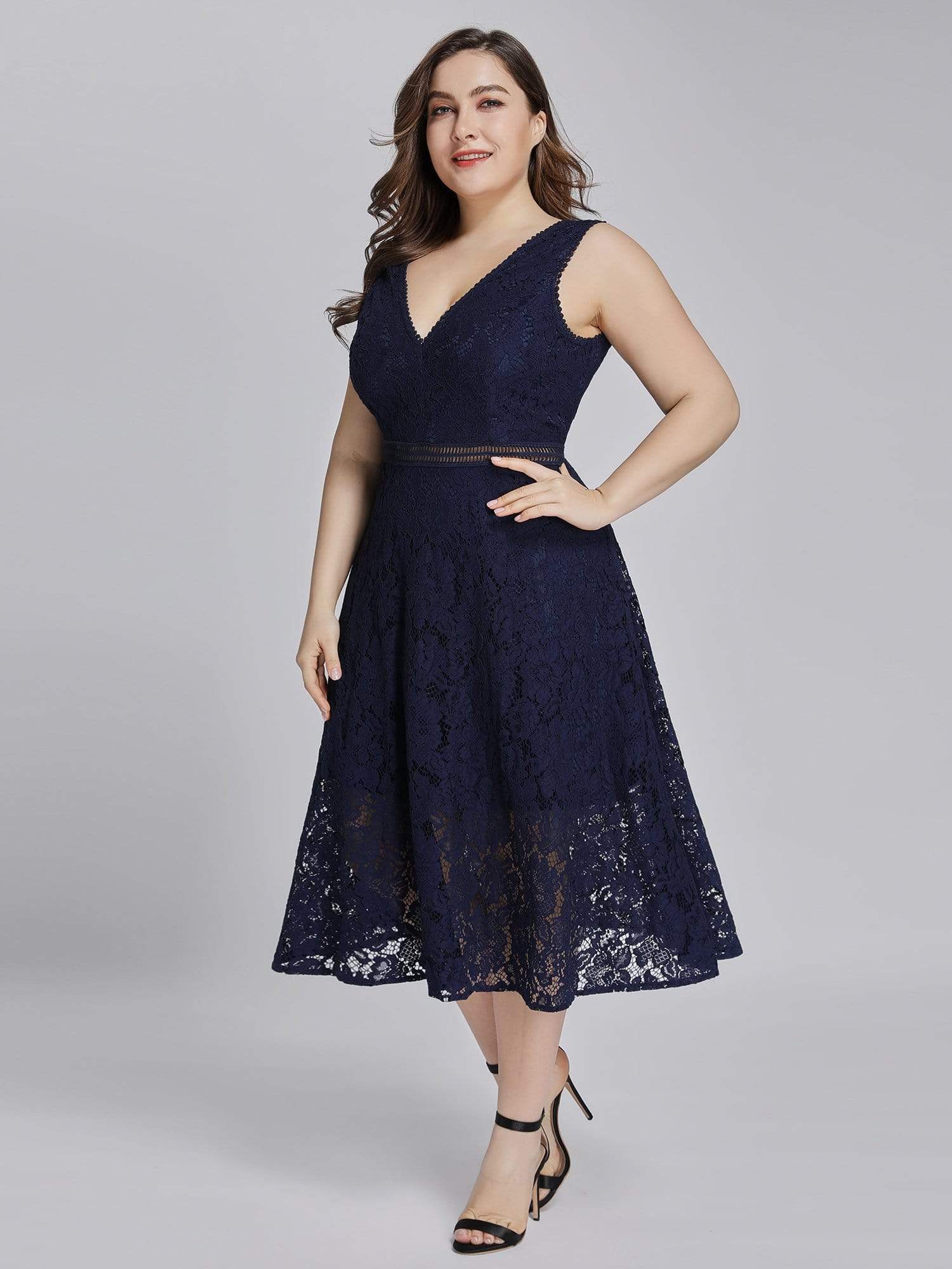 Color=Navy Blue | Alisa Pan V-Neck Lace Party Dress-Navy Blue 10