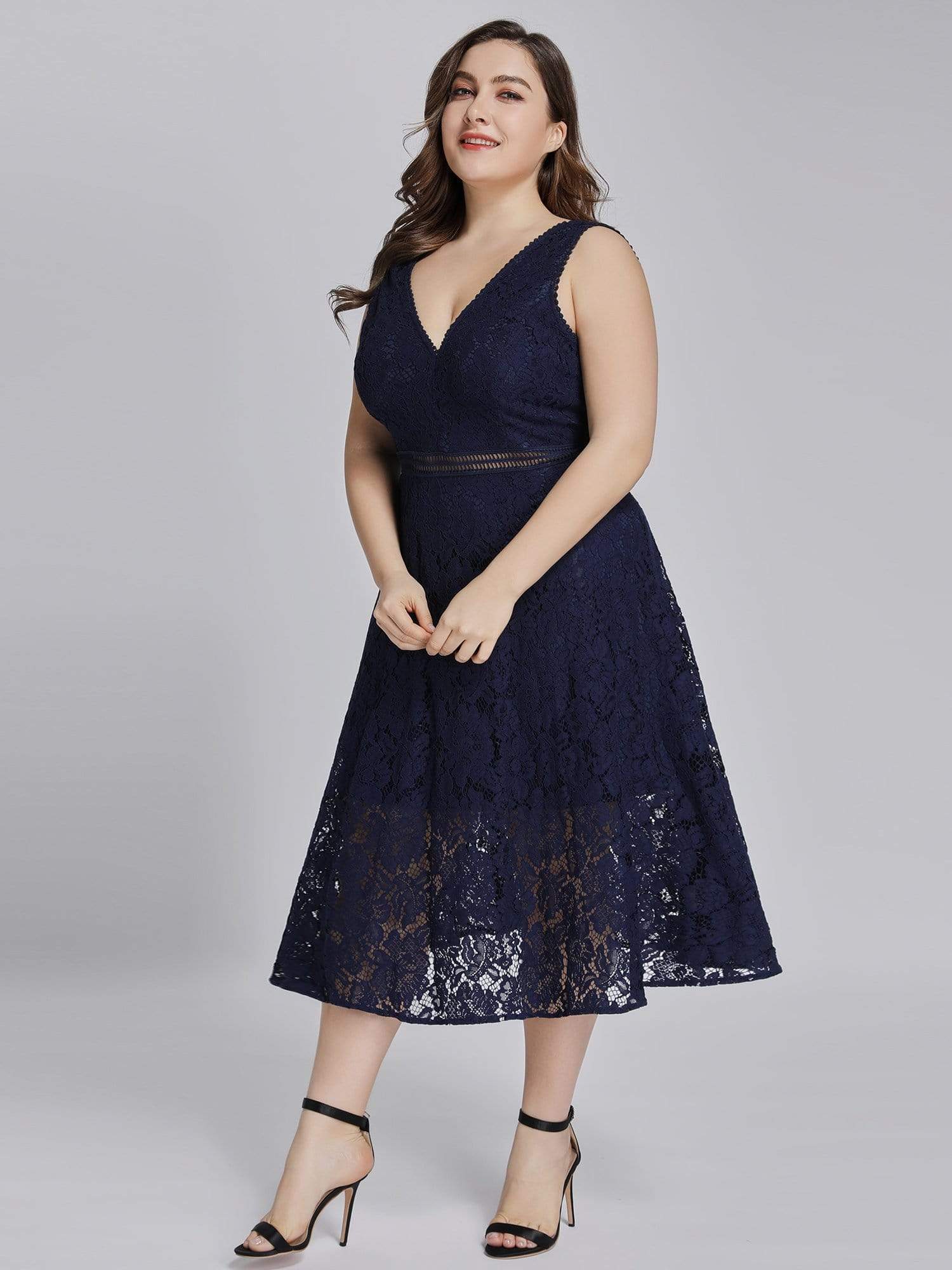 Color=Navy Blue | Alisa Pan V-Neck Lace Party Dress-Navy Blue 11