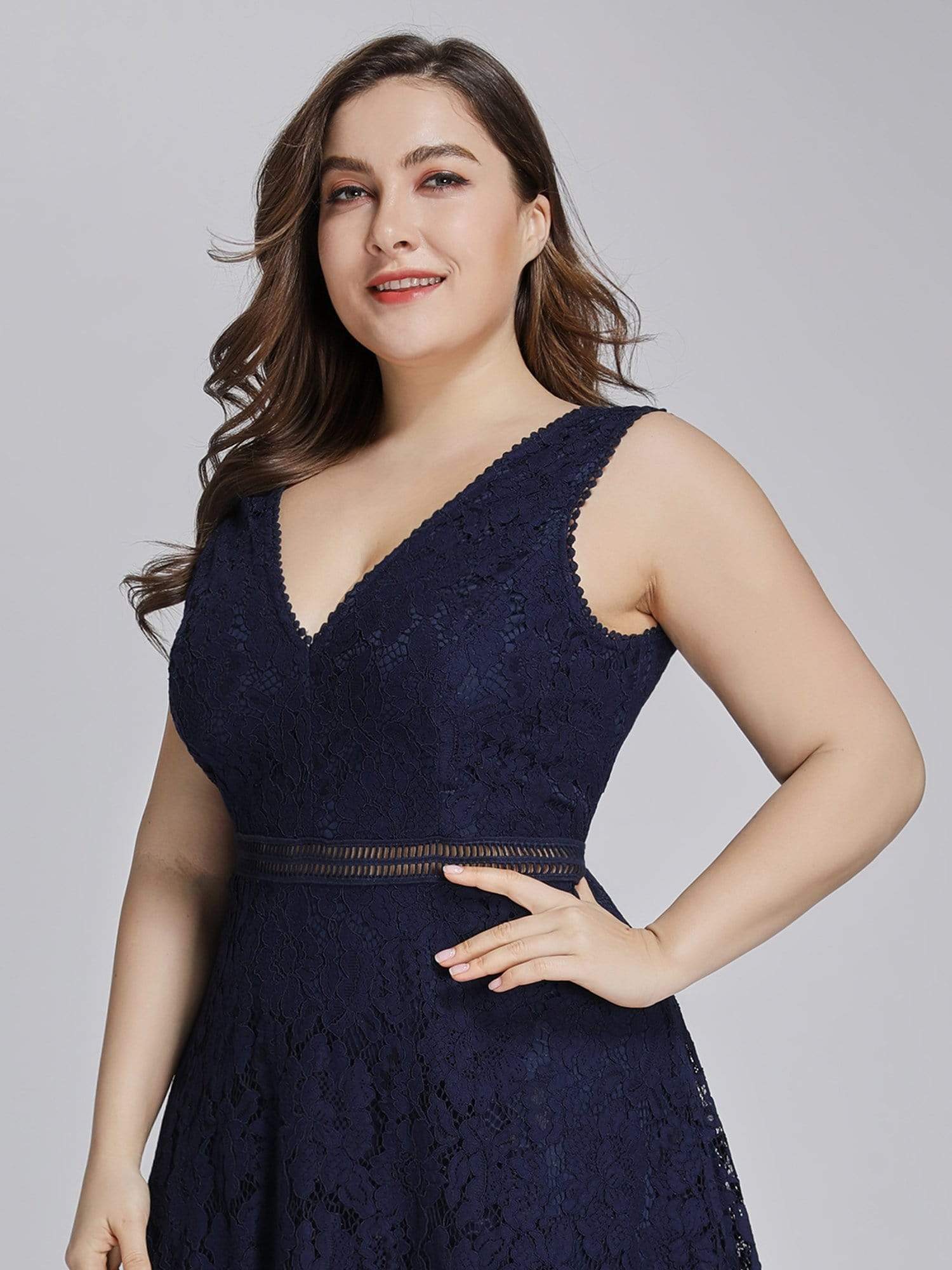 Color=Navy Blue | Alisa Pan V-Neck Lace Party Dress-Navy Blue 12