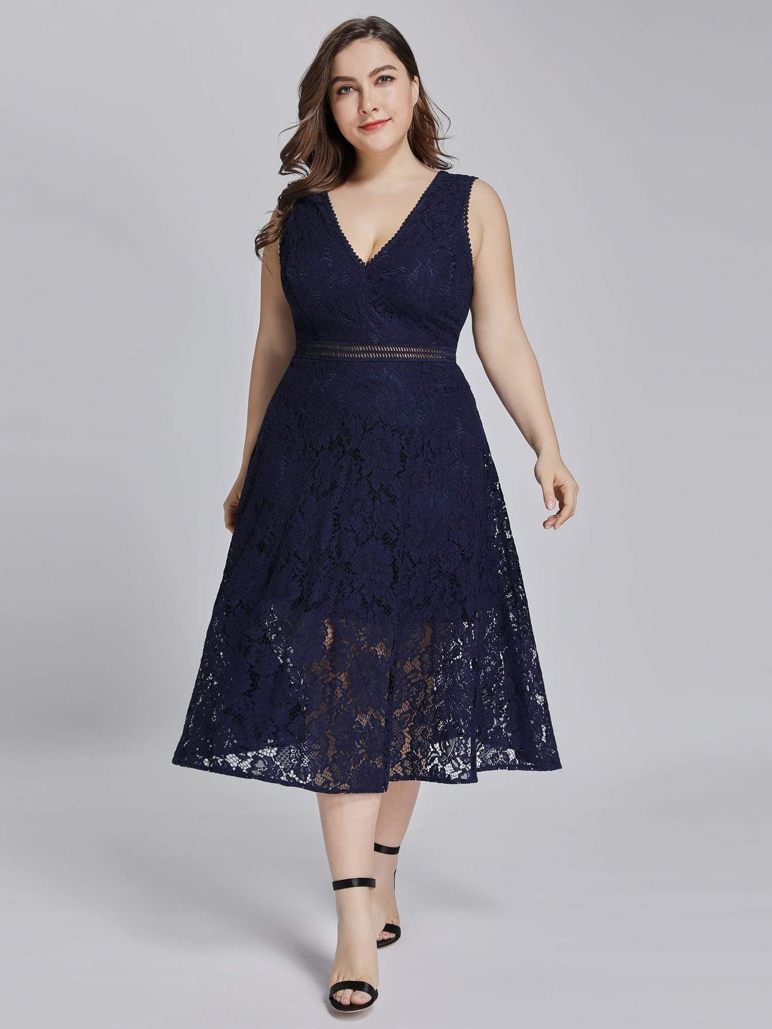 Color=Navy Blue | Alisa Pan V-Neck Lace Party Dress-Navy Blue 7