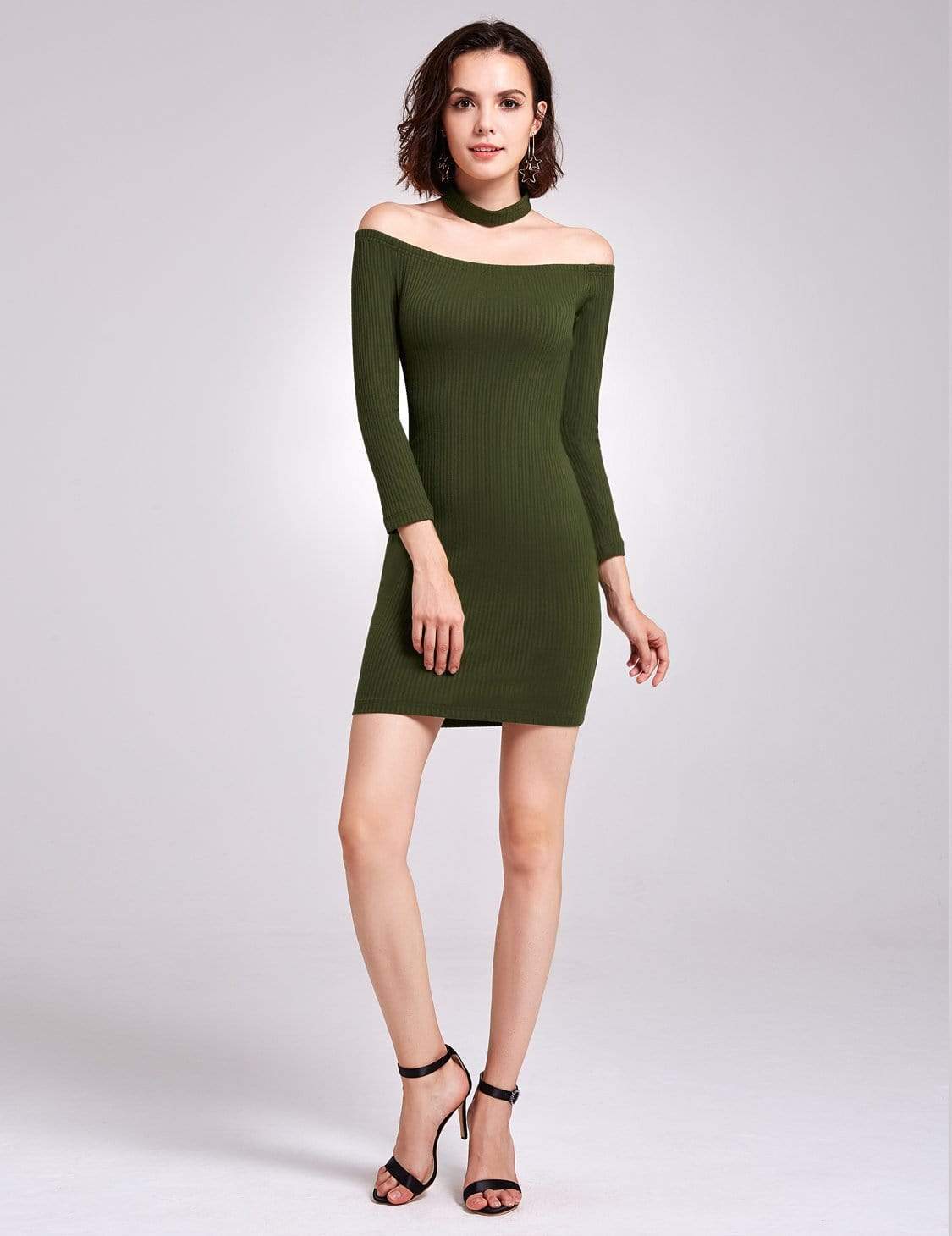 strapless open back dress Olive green off-shoulder fitted evening dress for anniversary party