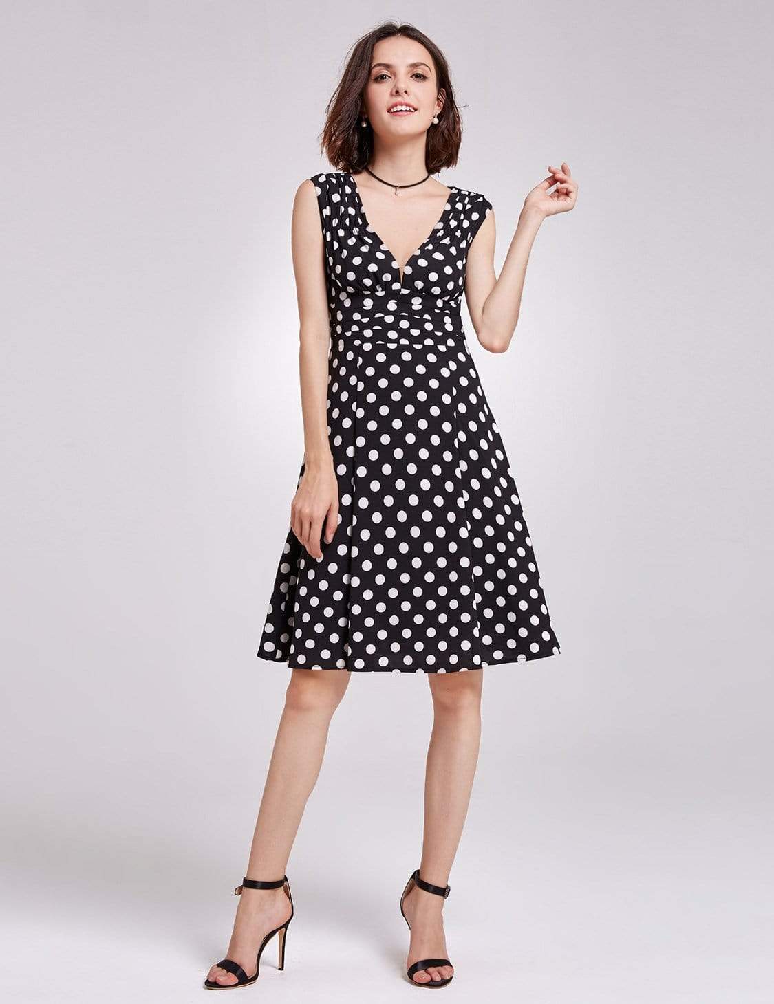 Color=White Black | Alisa Pan V Neck Polka Dot A Line Dress-White Black 1