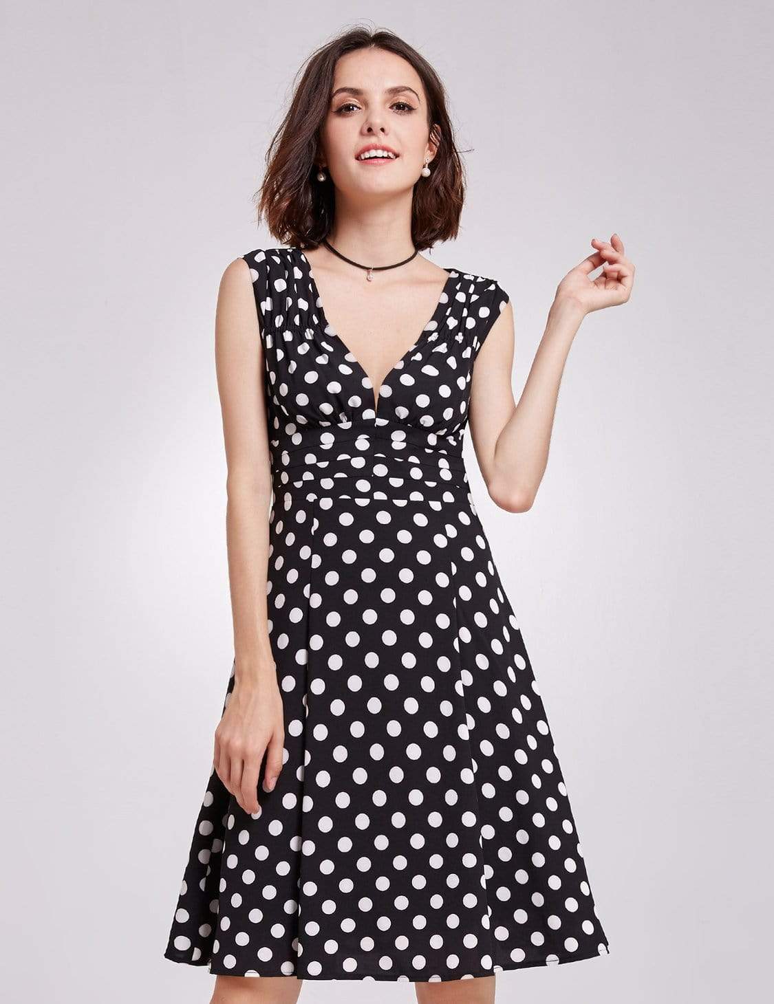 Color=White Black | Alisa Pan V Neck Polka Dot A Line Dress-White Black 2