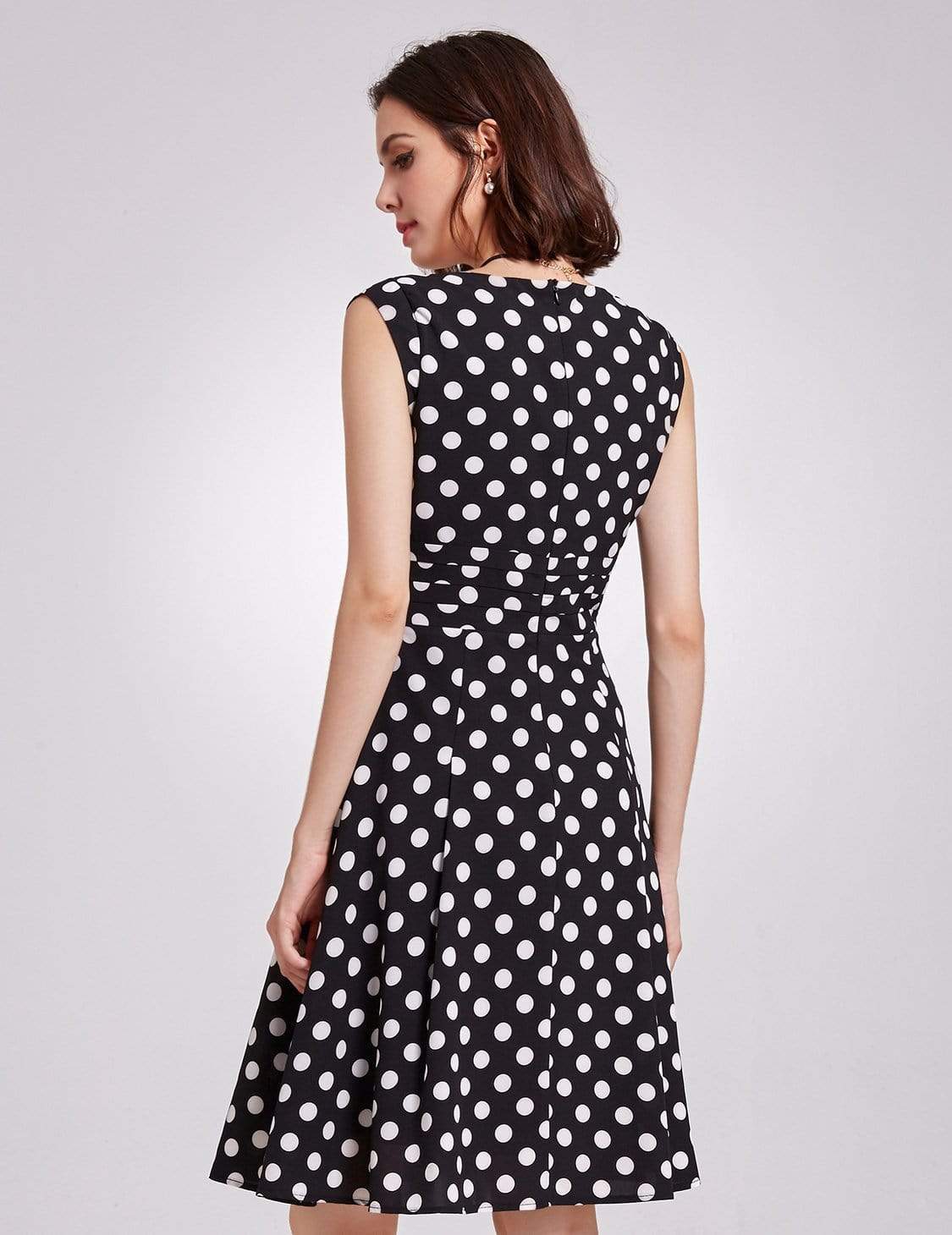 Color=White Black | Alisa Pan V Neck Polka Dot A Line Dress-White Black 3