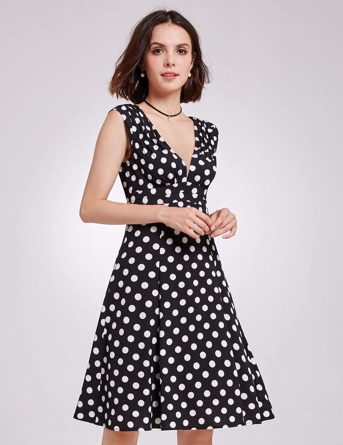 Color=White Black | Alisa Pan V Neck Polka Dot A Line Dress-White Black 4