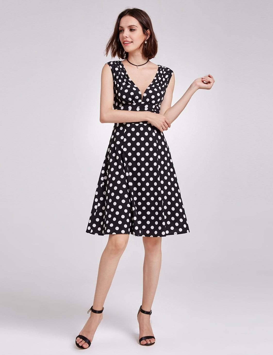 Color=White Black | Alisa Pan V Neck Polka Dot A Line Dress-White Black 5