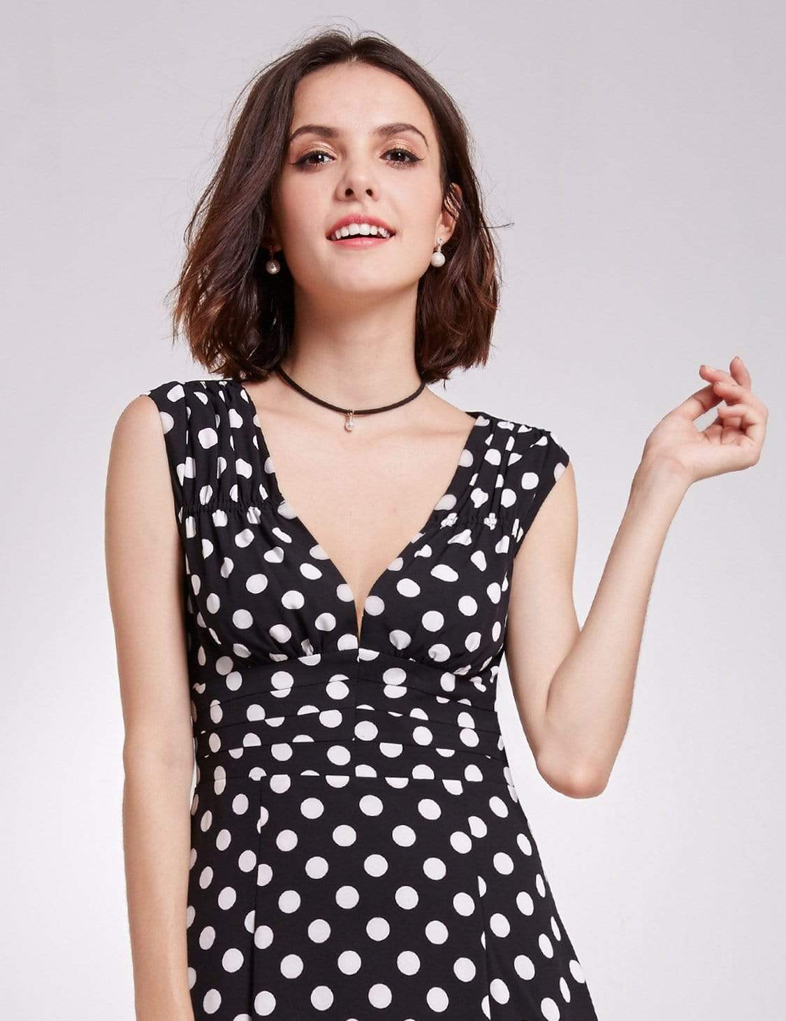 Color=White Black | Alisa Pan V Neck Polka Dot A Line Dress-White Black 6