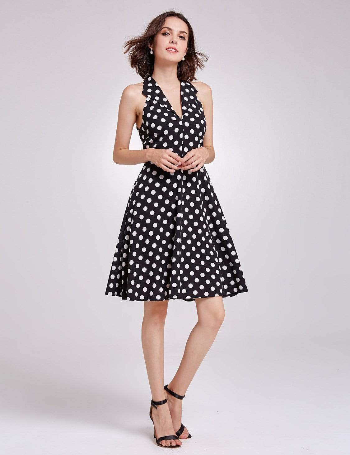 Color=White Black | Alisa Pan V Neck Polka Dot Fit And Flare Dress-White Black 2