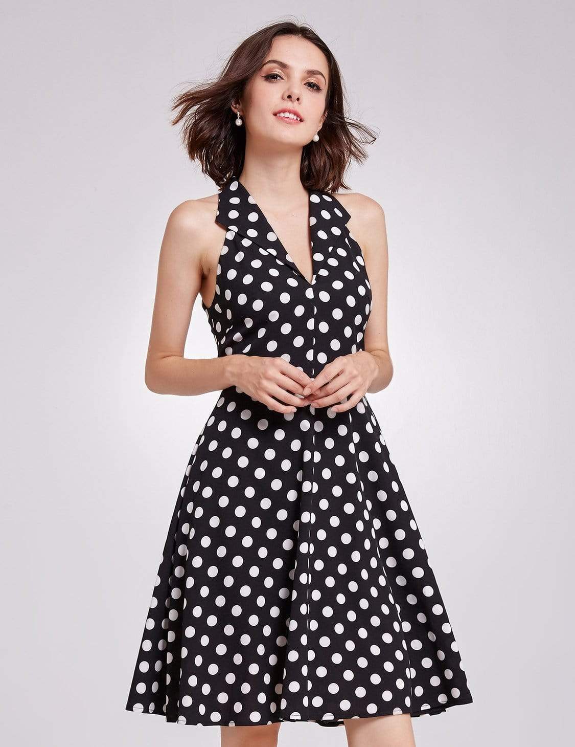 Color=White Black | Alisa Pan V Neck Polka Dot Fit And Flare Dress-White Black 3