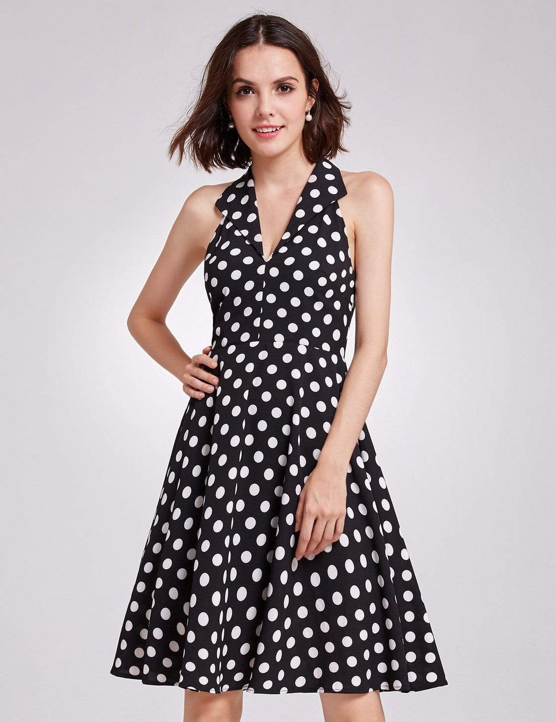 Color=White Black | Alisa Pan V Neck Polka Dot Fit And Flare Dress-White Black 5