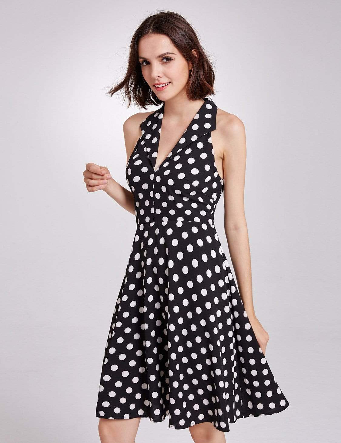 Color=White Black | Alisa Pan V Neck Polka Dot Fit And Flare Dress-White Black 6