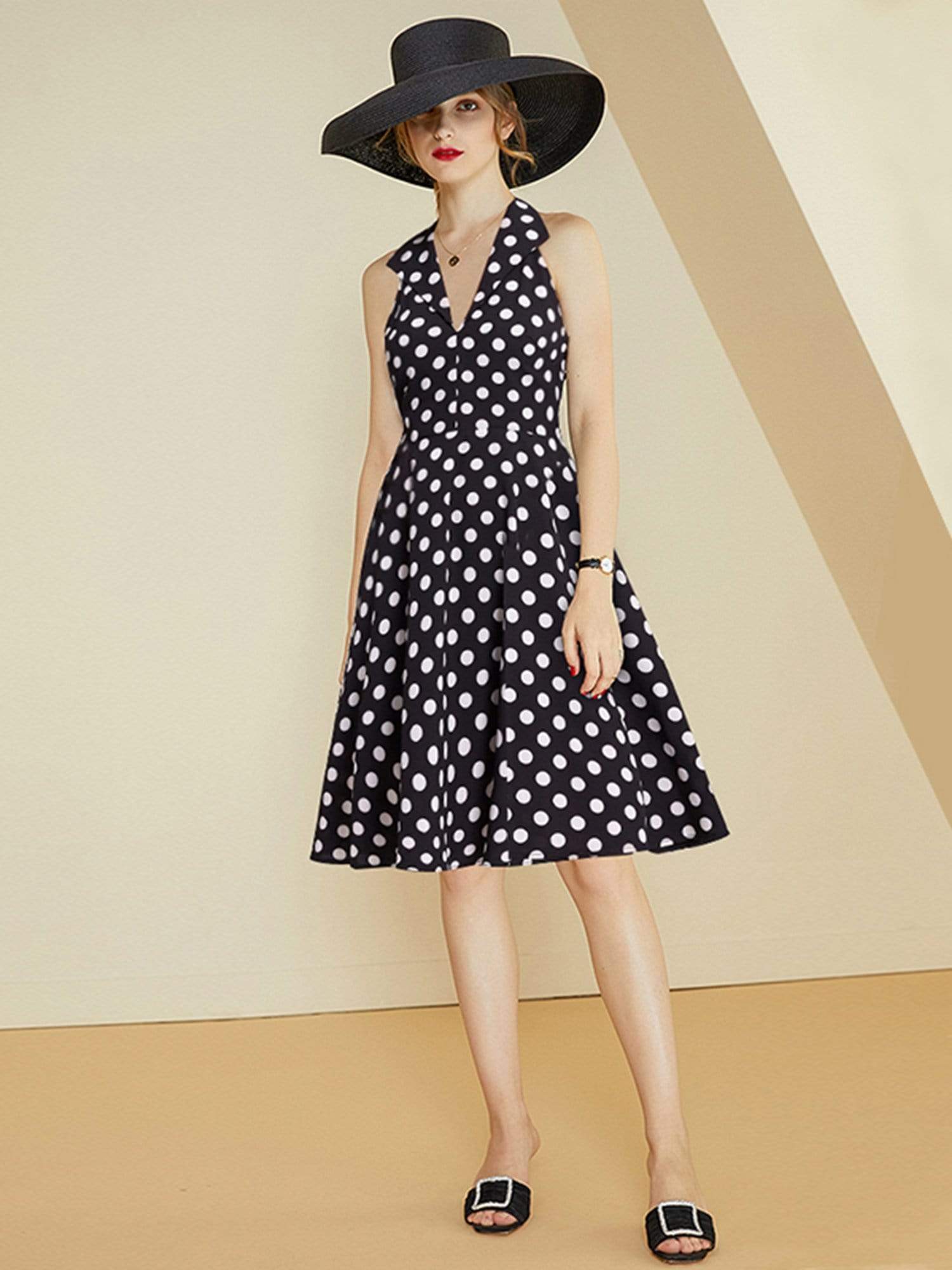 Color=White Black | Alisa Pan V Neck Polka Dot Fit And Flare Dress-White Black 1