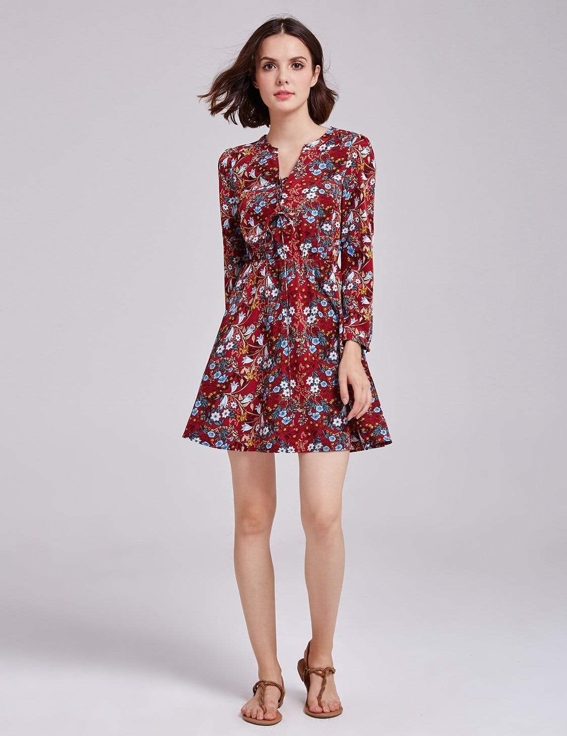 Color=Burgundy | Alisa Pan Floral Print Boho Peasant Dress-Burgundy 1