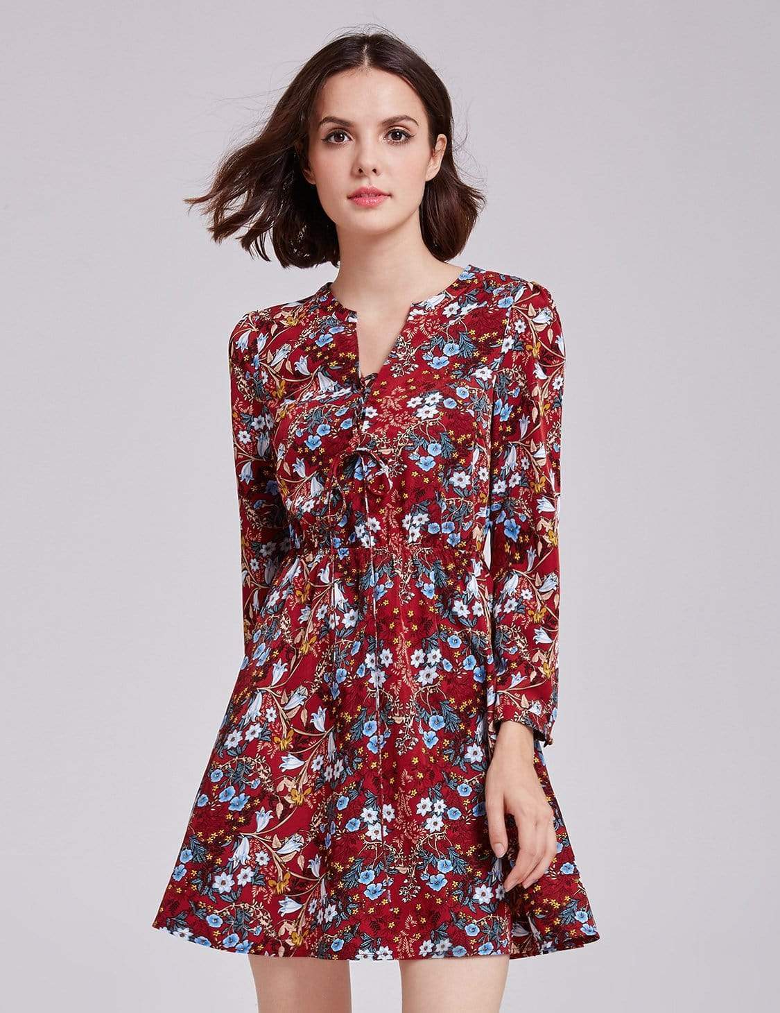 Color=Burgundy | Alisa Pan Floral Print Boho Peasant Dress-Burgundy 2