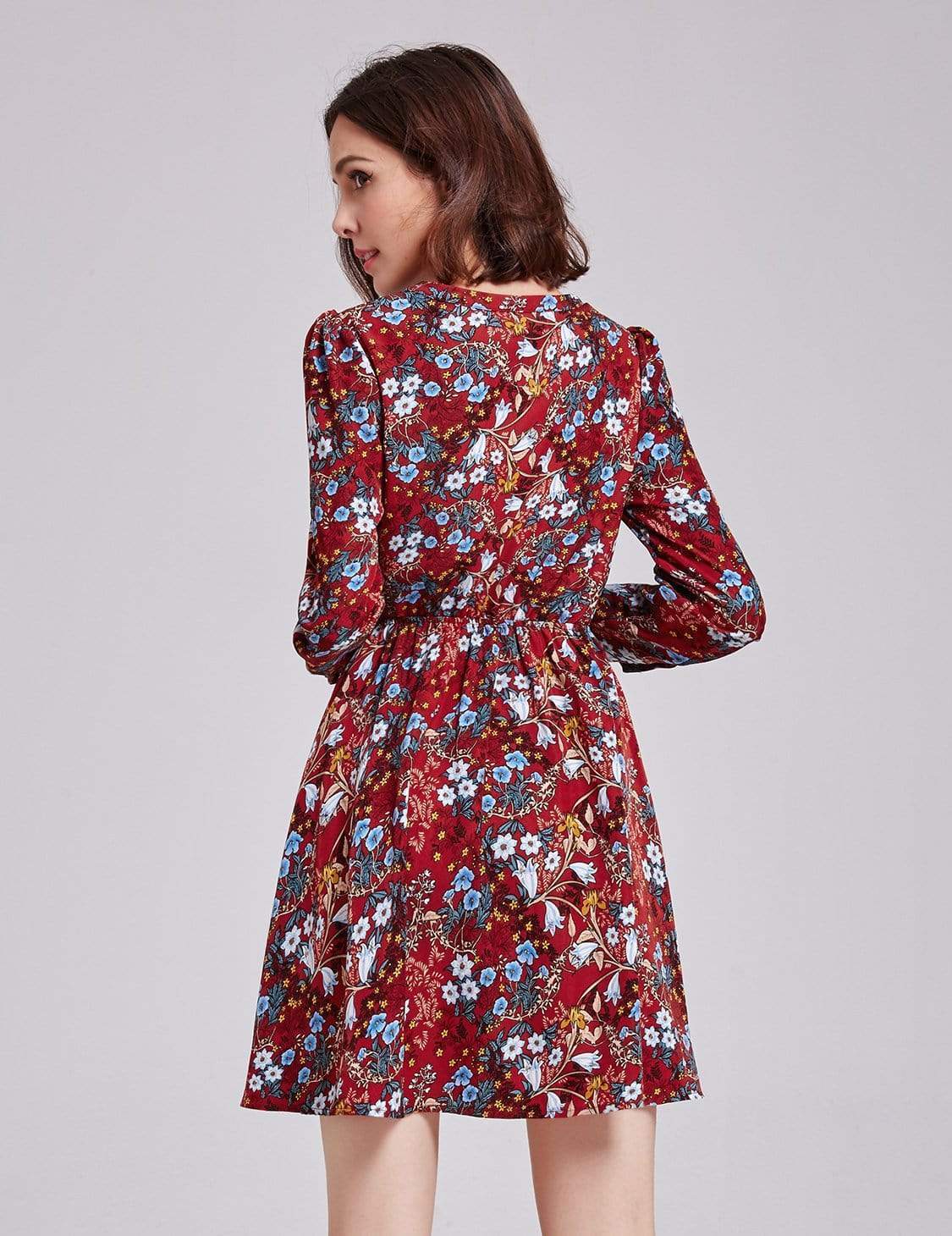 Color=Burgundy | Alisa Pan Floral Print Boho Peasant Dress-Burgundy 3