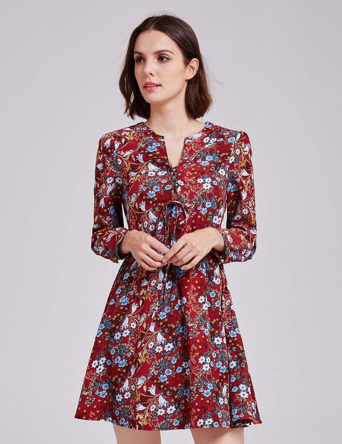 Color=Burgundy | Alisa Pan Floral Print Boho Peasant Dress-Burgundy 4