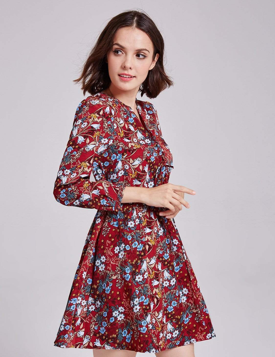 Color=Burgundy | Alisa Pan Floral Print Boho Peasant Dress-Burgundy 5