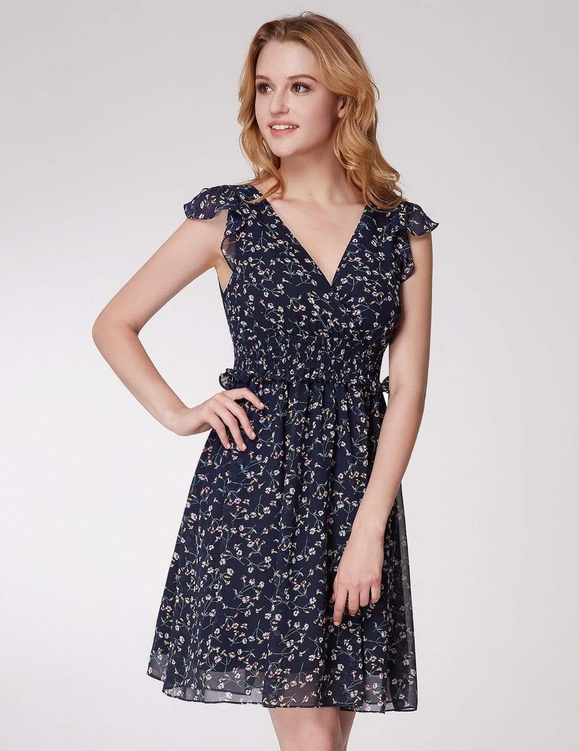 Color=Navy Blue | Alisa Pan Floral Print V Neck Short A Line Dress-Navy Blue 2