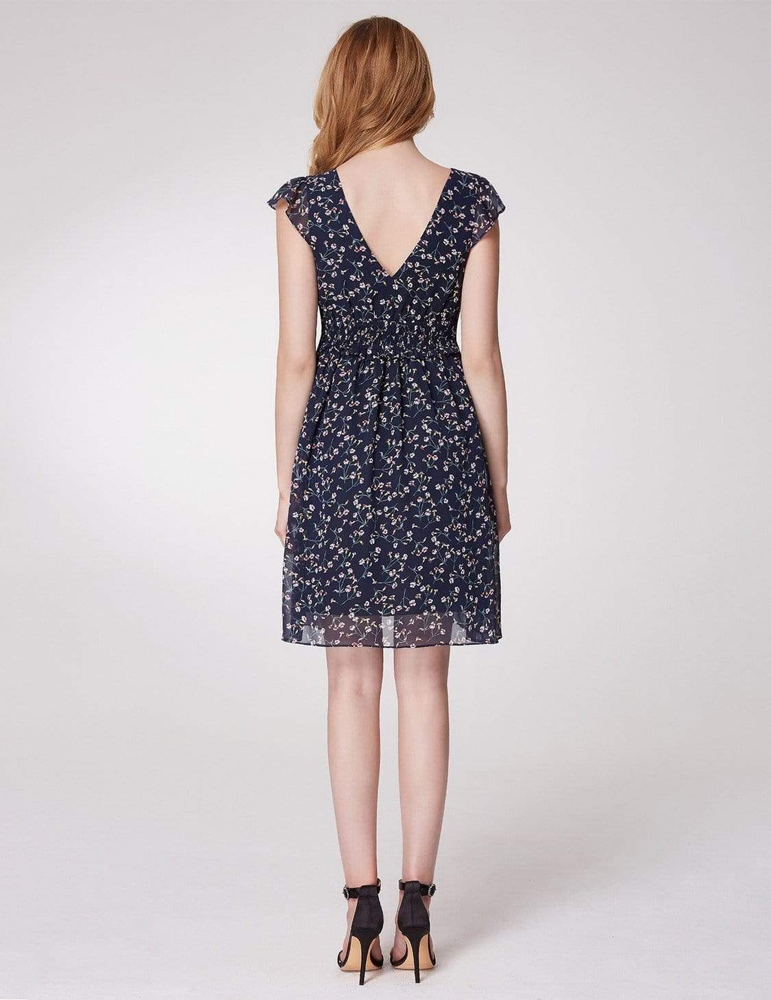 Color=Navy Blue | Alisa Pan Floral Print V Neck Short A Line Dress-Navy Blue 3