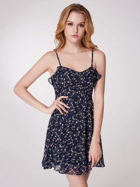 Color=Navy Blue | Alisa Pan Spaghetti Straps Floral Print Fit & Flare Dress-Navy Blue 4