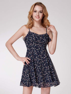 Color=Navy Blue | Alisa Pan Spaghetti Straps Floral Print Fit & Flare Dress-Navy Blue 1