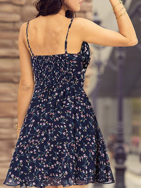 Color=Navy Blue | Alisa Pan Spaghetti Straps Floral Print Fit & Flare Dress-Navy Blue 7