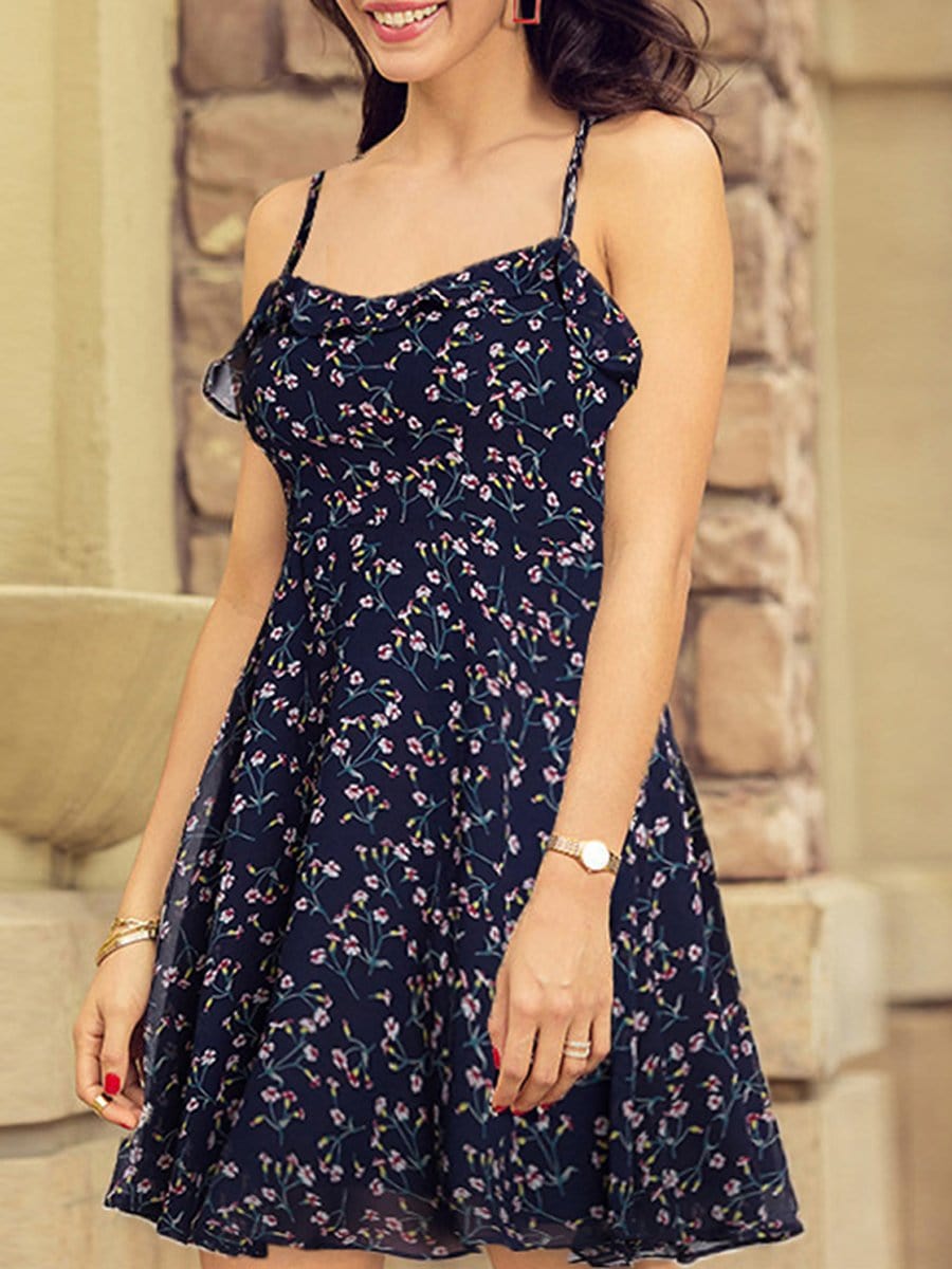 Color=Navy Blue | Alisa Pan Spaghetti Straps Floral Print Fit & Flare Dress-Navy Blue 6
