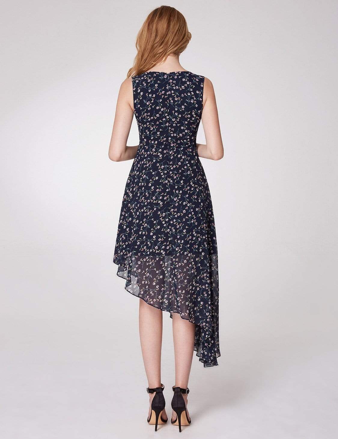 Color=Navy Blue | Alisa Pan Floral Print High Low Fit & Flare Dress-Navy Blue 2