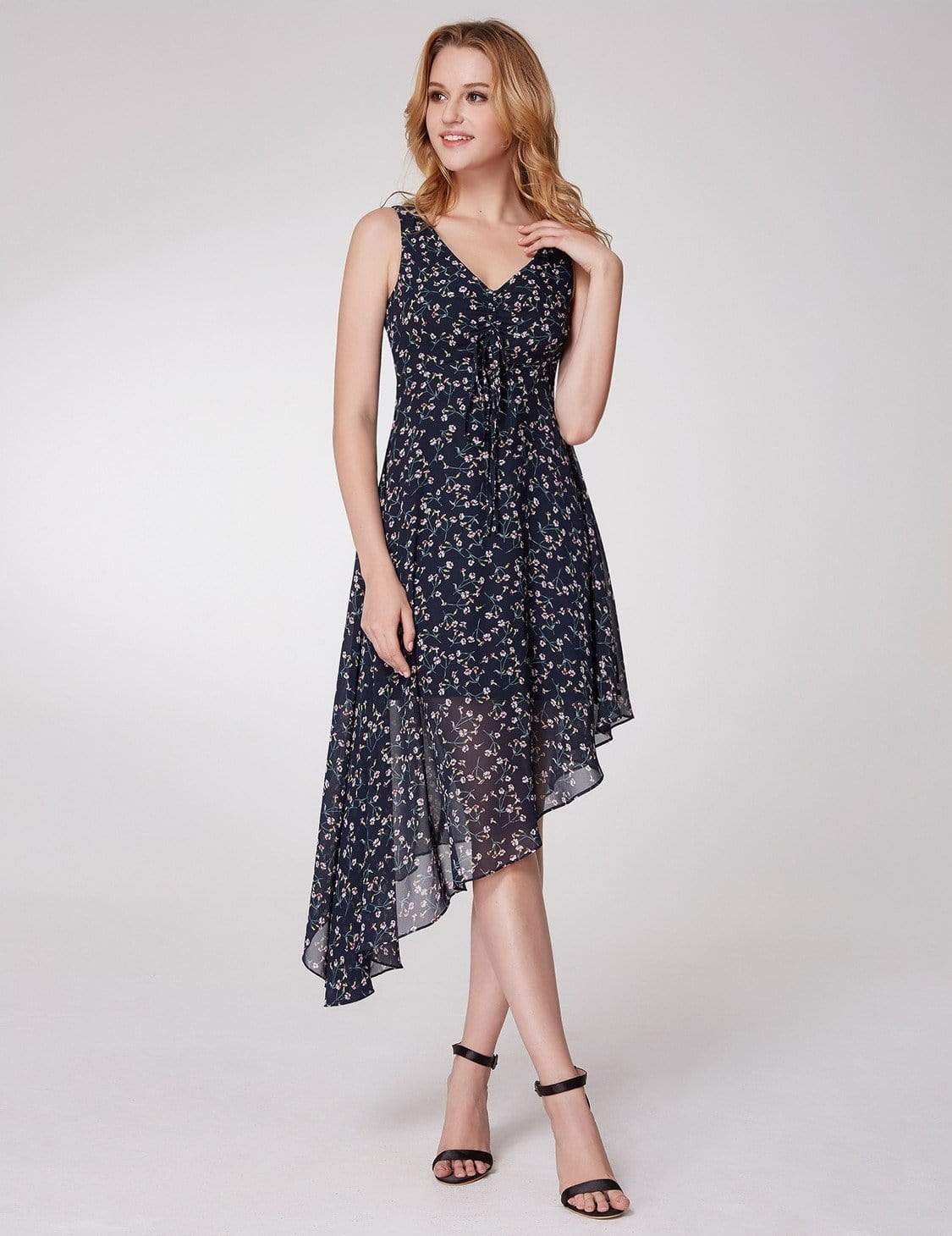 Color=Navy Blue | Alisa Pan Floral Print High Low Fit & Flare Dress-Navy Blue 3