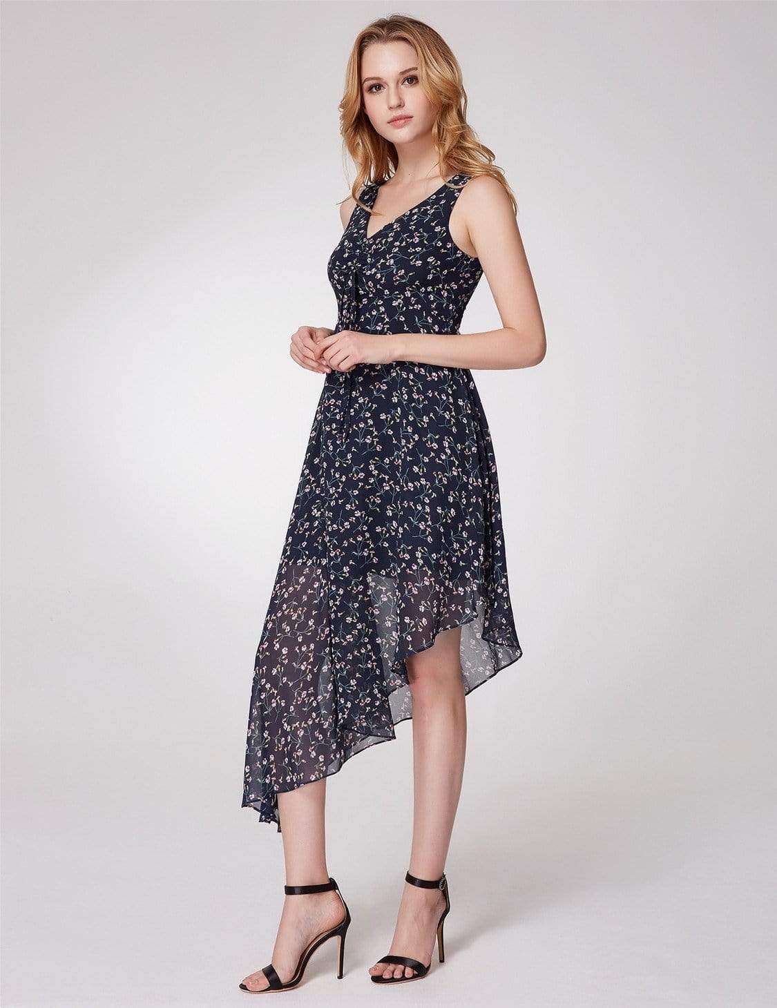 Color=Navy Blue | Alisa Pan Floral Print High Low Fit & Flare Dress-Navy Blue 4