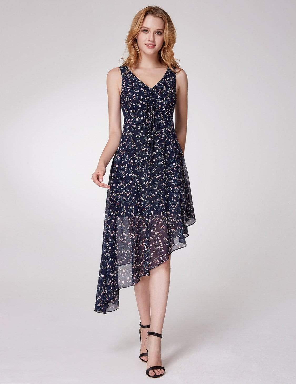 Color=Navy Blue | Alisa Pan Floral Print High Low Fit & Flare Dress-Navy Blue 1