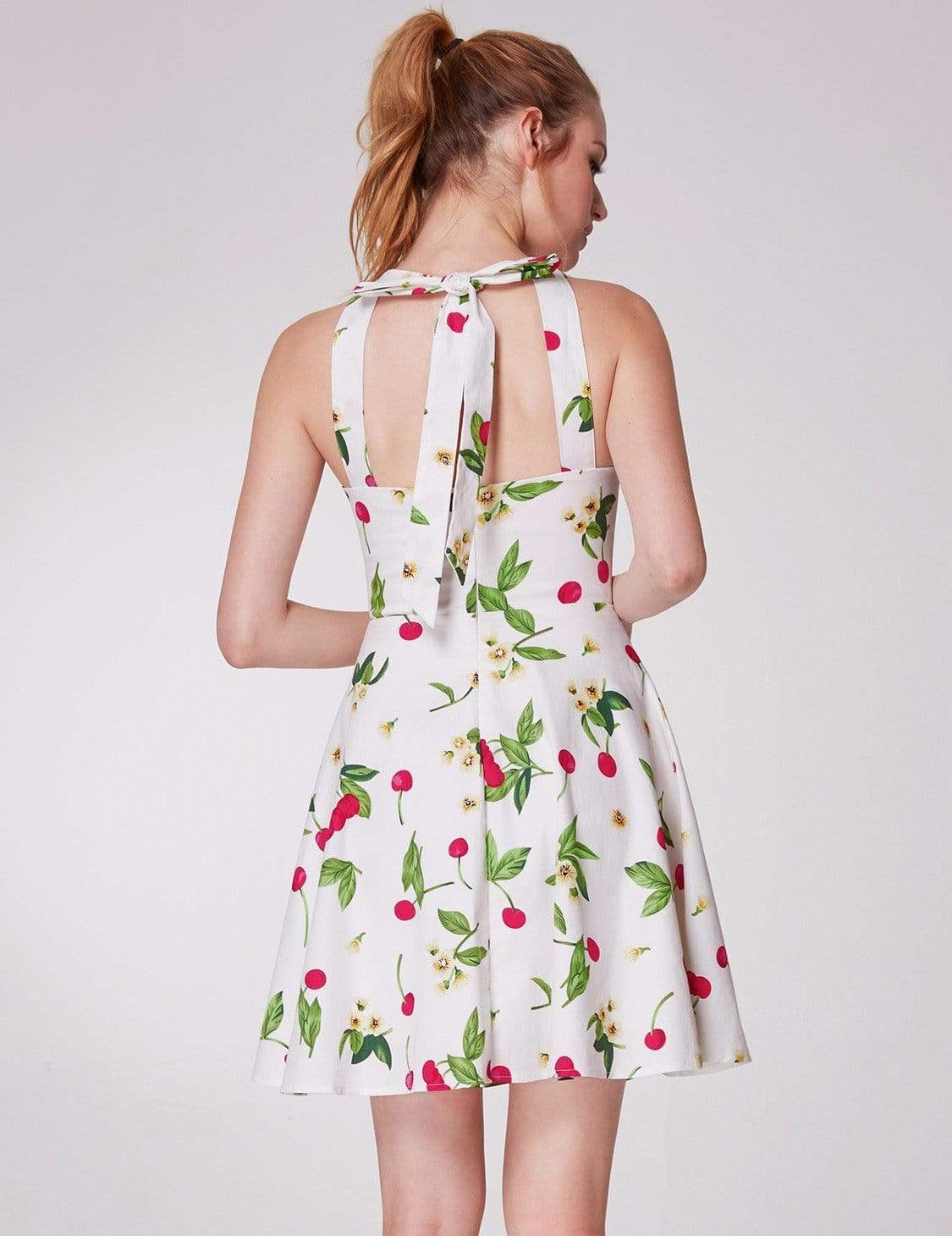 Color=White | Alisa Pan V Neck Cherry Print Summer Dress-White 2