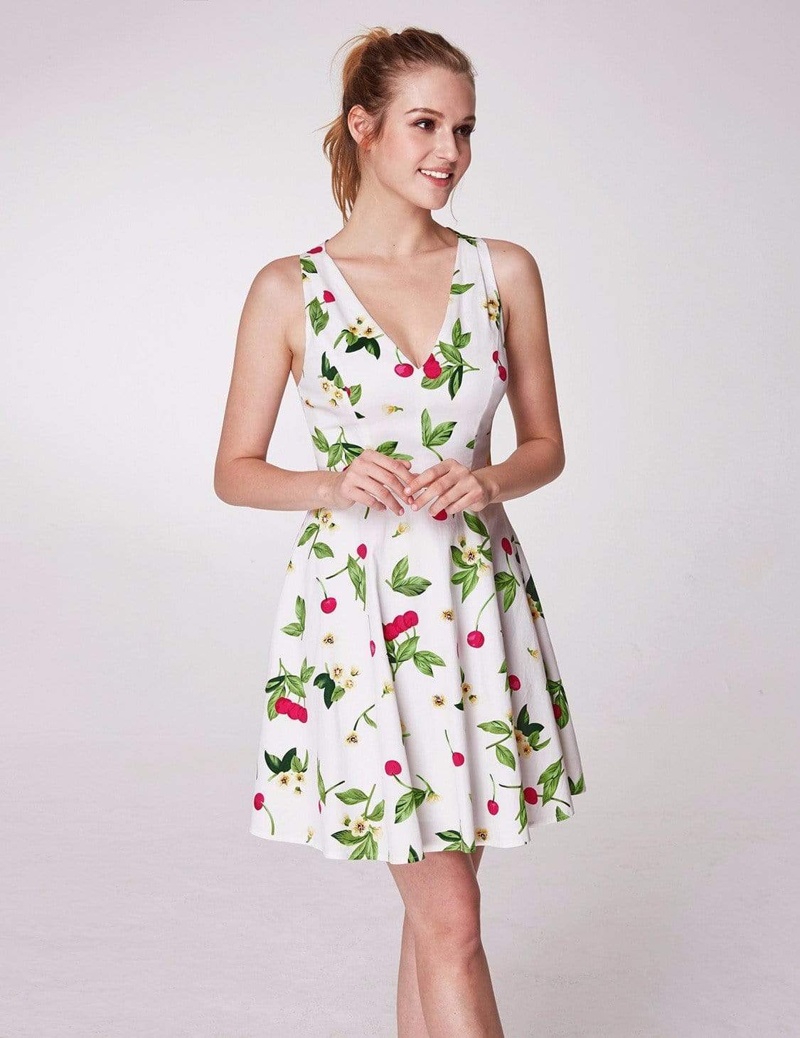 Color=White | Alisa Pan V Neck Cherry Print Summer Dress-White 3