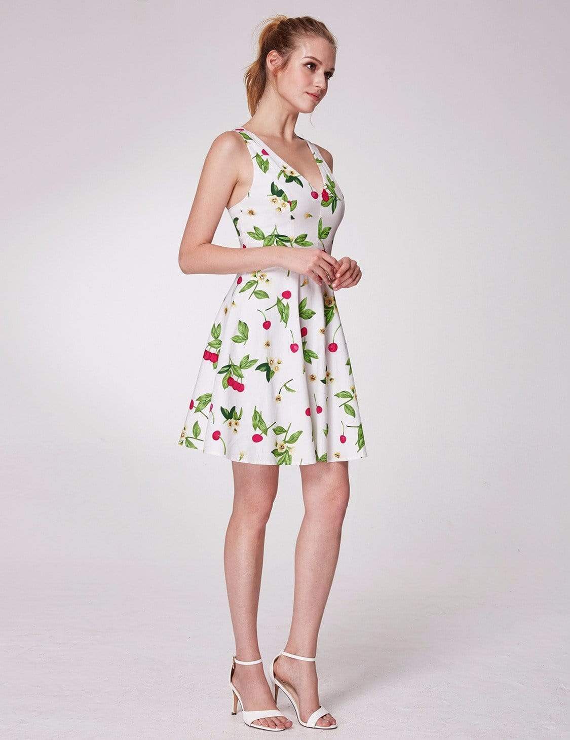 Color=White | Alisa Pan V Neck Cherry Print Summer Dress-White 4