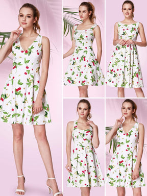 Color=White | Alisa Pan V Neck Cherry Print Summer Dress-White 6