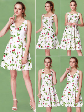 Color=White | Alisa Pan V Neck Cherry Print Summer Dress-White 7