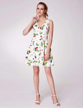 Color=White | Alisa Pan V Neck Cherry Print Summer Dress-White 1