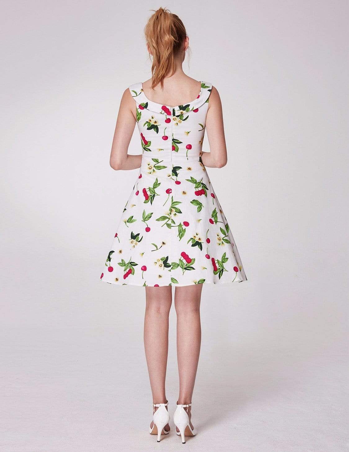 Color=White | Alisa Pan Short Cherry Print Fit And Flare Dress-White 2