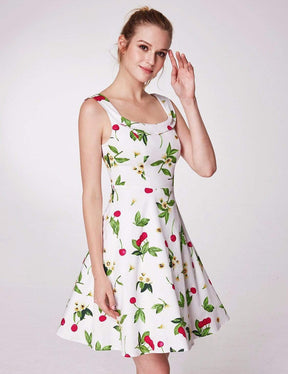 Color=White | Alisa Pan Short Cherry Print Fit And Flare Dress-White 3