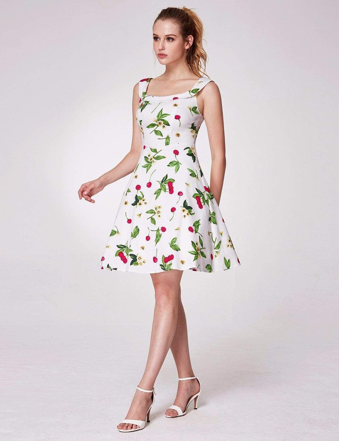 Color=White | Alisa Pan Short Cherry Print Fit And Flare Dress-White 4