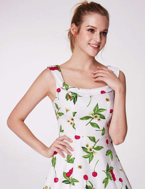 Color=White | Alisa Pan Short Cherry Print Fit And Flare Dress-White 5