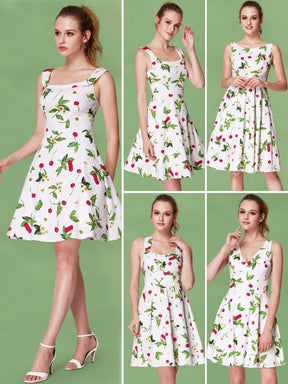 Color=White | Alisa Pan Short Cherry Print Fit And Flare Dress-White 7