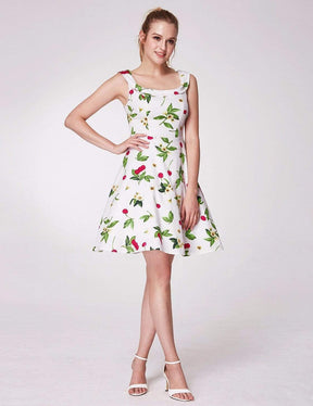 Color=White | Alisa Pan Short Cherry Print Fit And Flare Dress-White 1