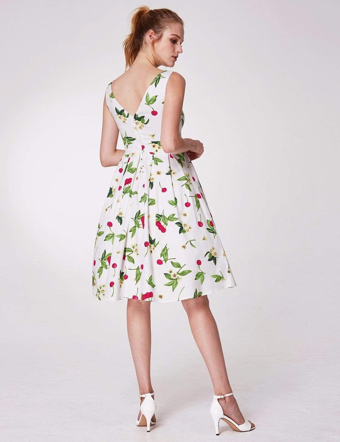 Color=White | Alisa Pan Sleeveless Cherry Print A Line Dress-White 2