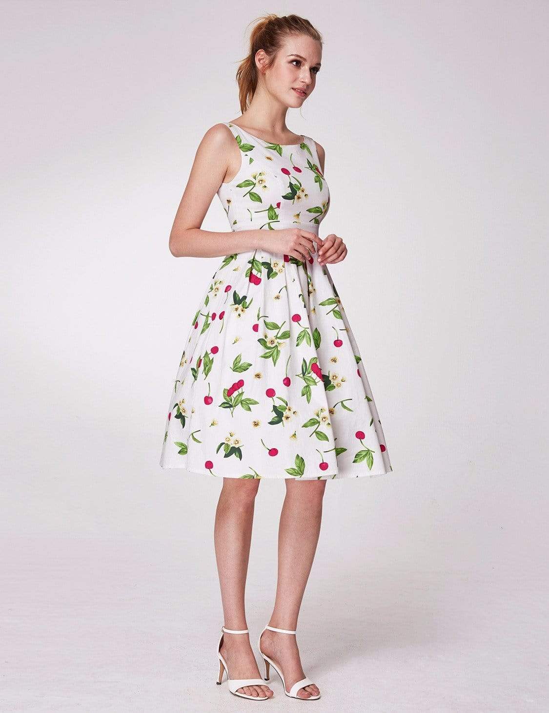 Color=White | Alisa Pan Sleeveless Cherry Print A Line Dress-White 4