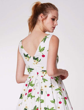 Color=White | Alisa Pan Sleeveless Cherry Print A Line Dress-White 5