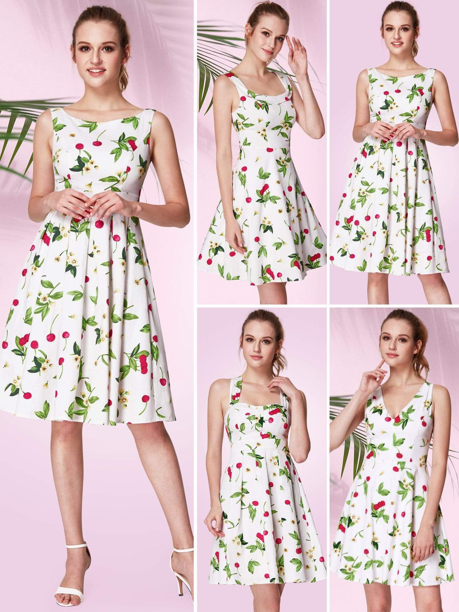 Color=White | Alisa Pan Sleeveless Cherry Print A Line Dress-White 6