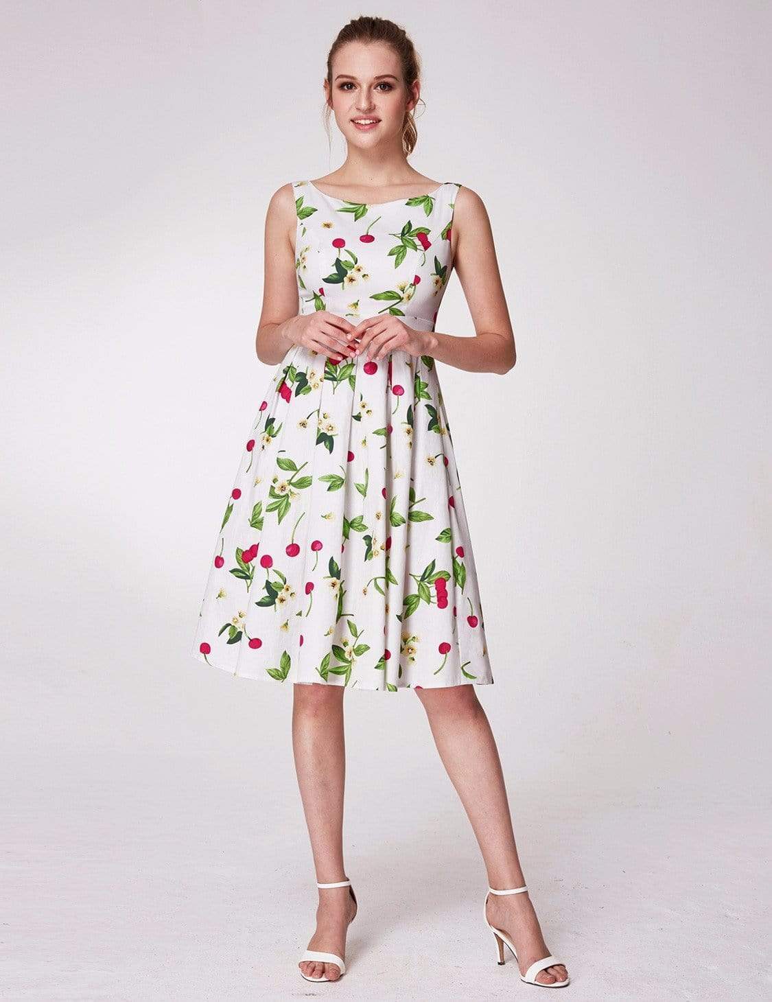 Color=White | Alisa Pan Sleeveless Cherry Print A Line Dress-White 1