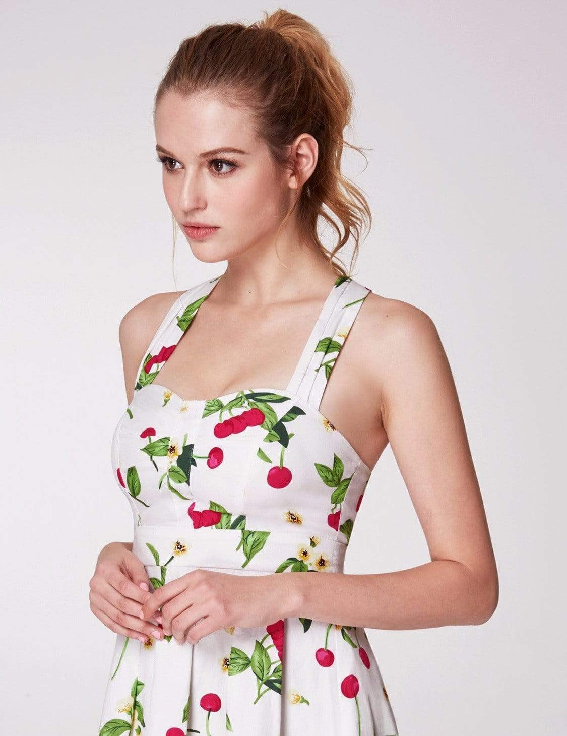 Color=White | Alisa Pan Retro Cherry Print Fit And Flare Dress-White 5