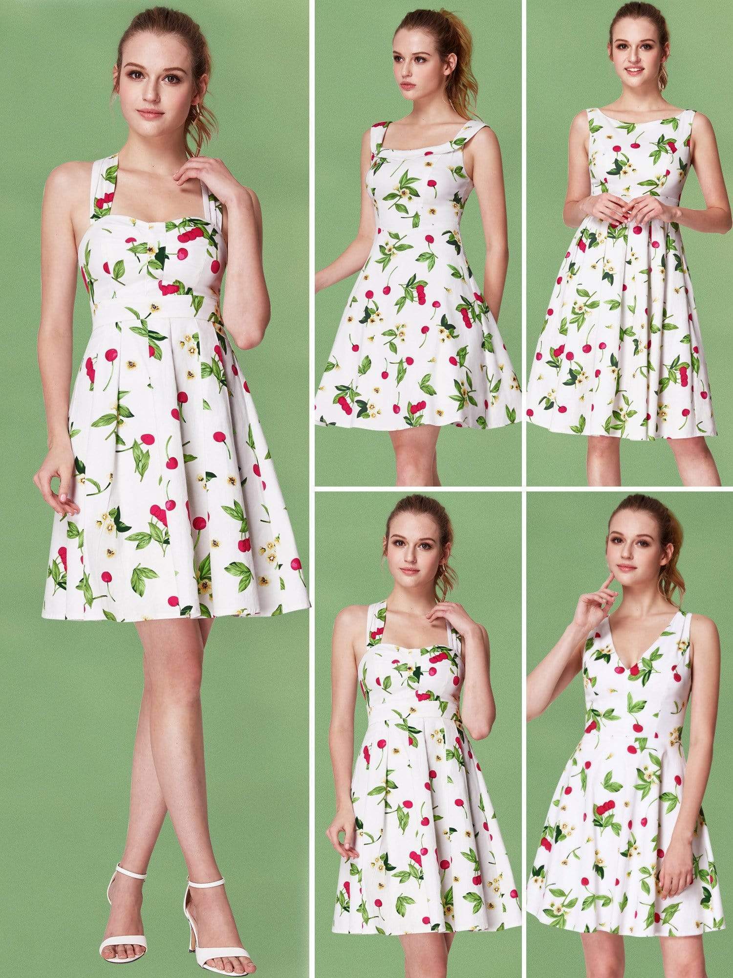 Color=White | Alisa Pan Retro Cherry Print Fit And Flare Dress-White 7